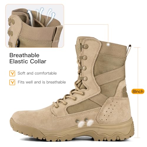 Men's Tactical Boots 8 Inches Lightweight Combat Boots Durable Suede Leather Military Work Boots Desert Boots (Tan, 10)